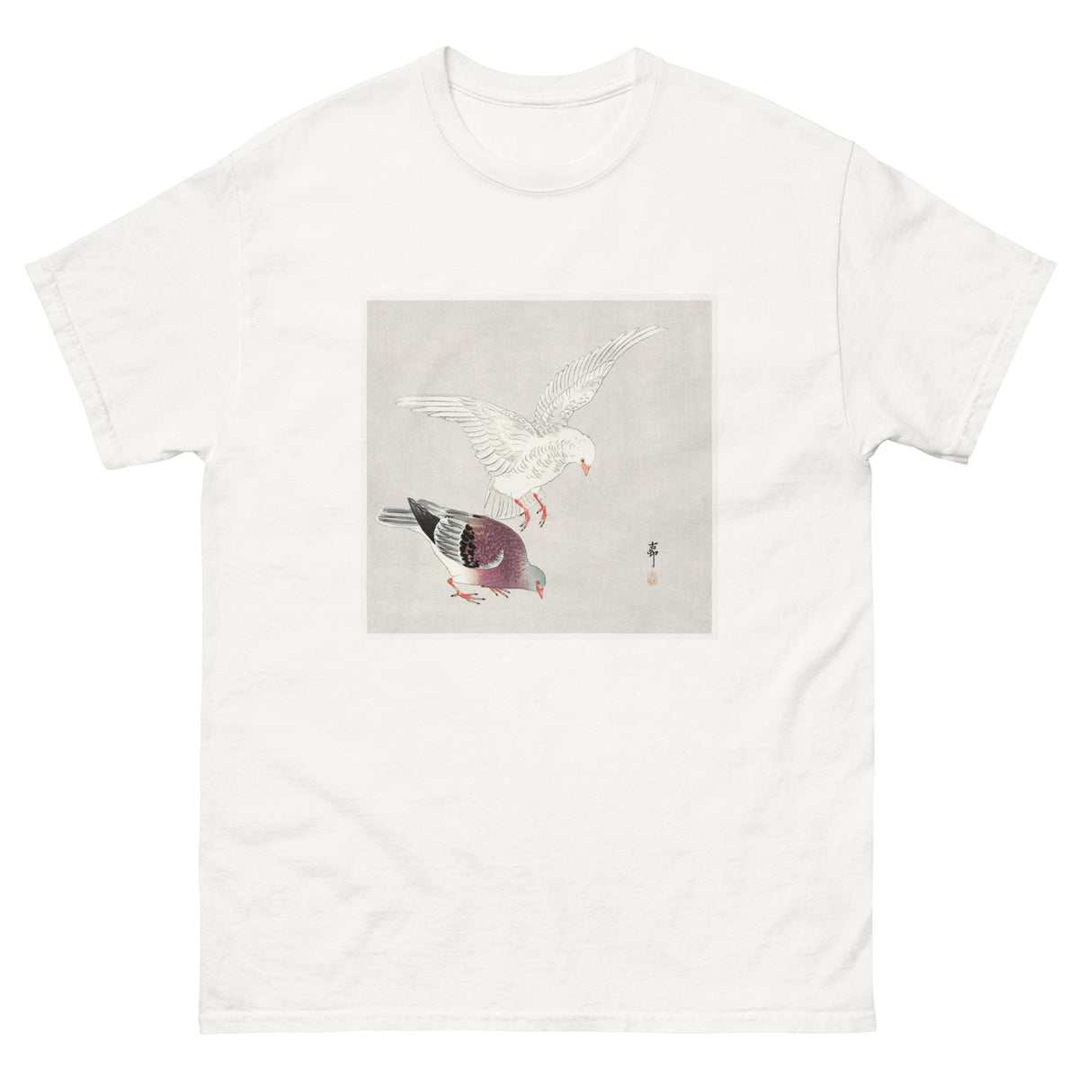 White T-shirt Two Pigeons - Ohara Koson 1877 Essential