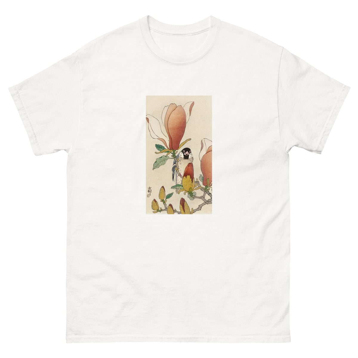 White T-shirt Sparrow On Blooming Magnolia Branch - Ohara Koson 1900 Essential