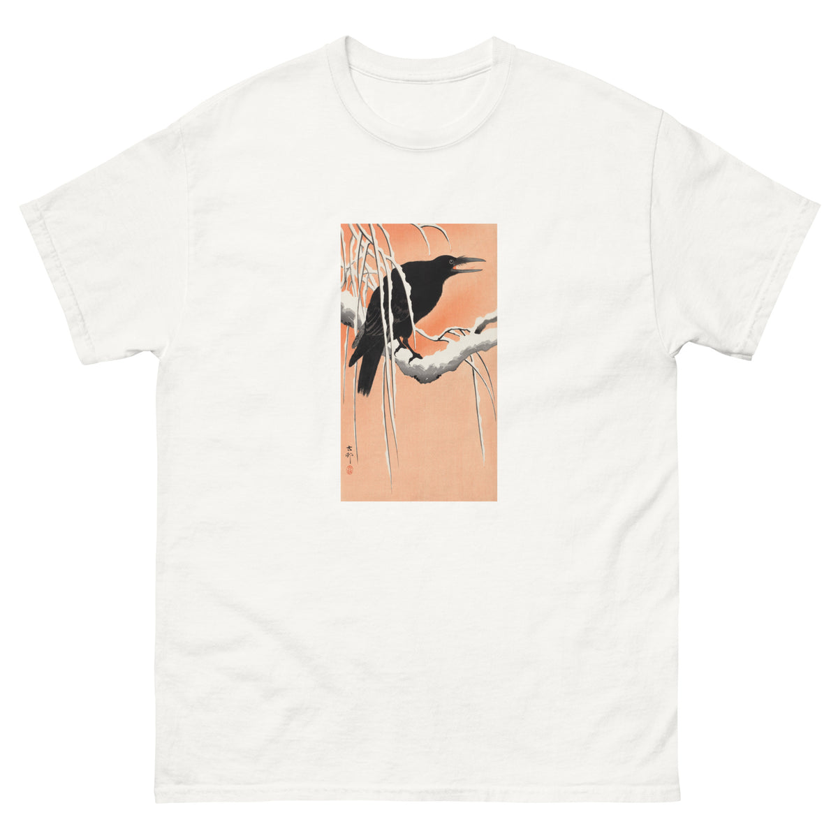 White T-shirt Crow On Snowy Branch - Ohara Koson 1900 Essential