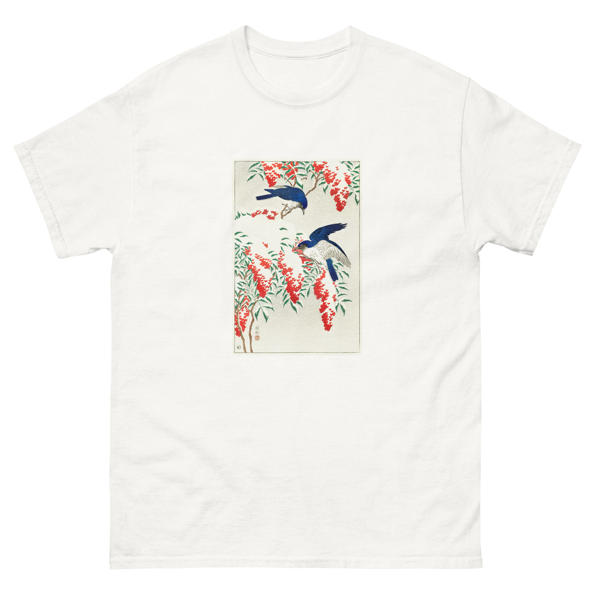 White T-shirt Flycatchers On A Nandina Bush - Ohara Koson 1925 Essential