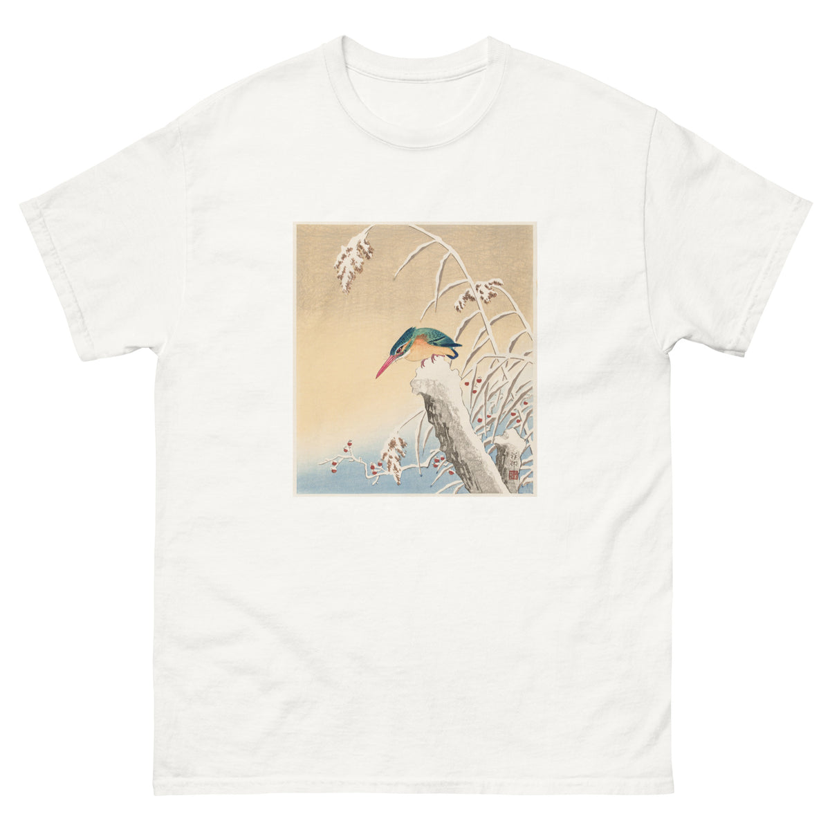 White T-shirt Kingfisher In The Snow - Ohara Koson 1925 Essential
