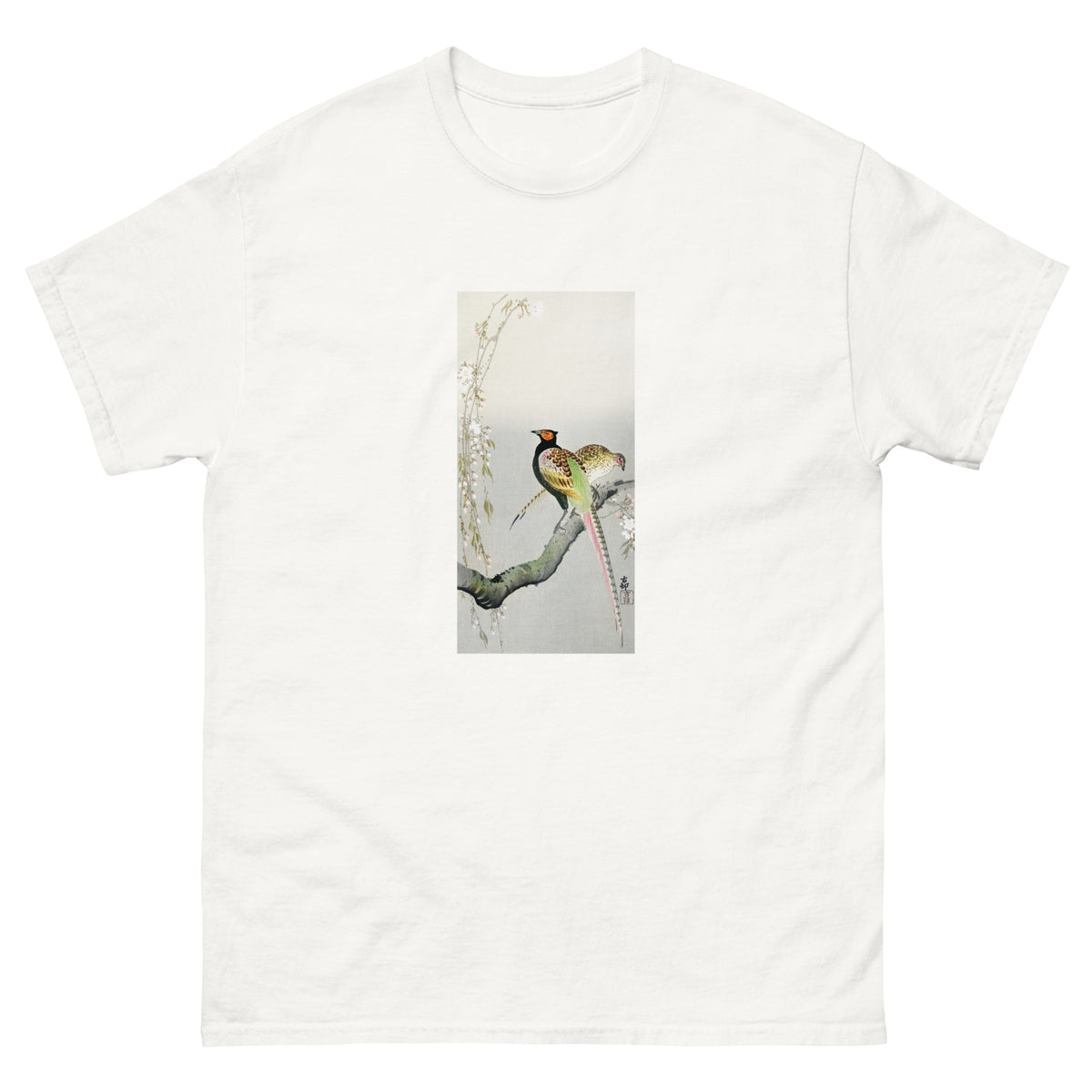 White T-shirt Couple Pheasants And Cherry Blossom - Ohara Koson 1900 Essential