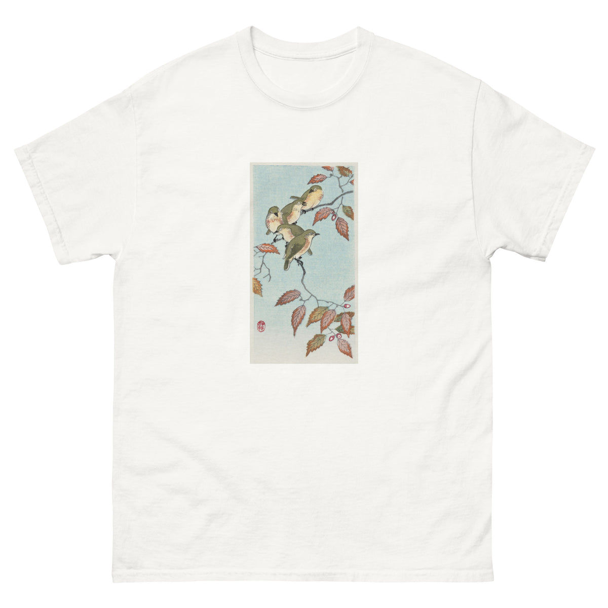 White T-shirt Birds On A Branch - Ohara Koson 1900 Essential