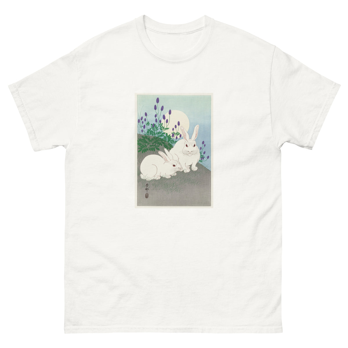 White T-shirt Rabbits At Full Moon - Ohara Koson 1920 Essential