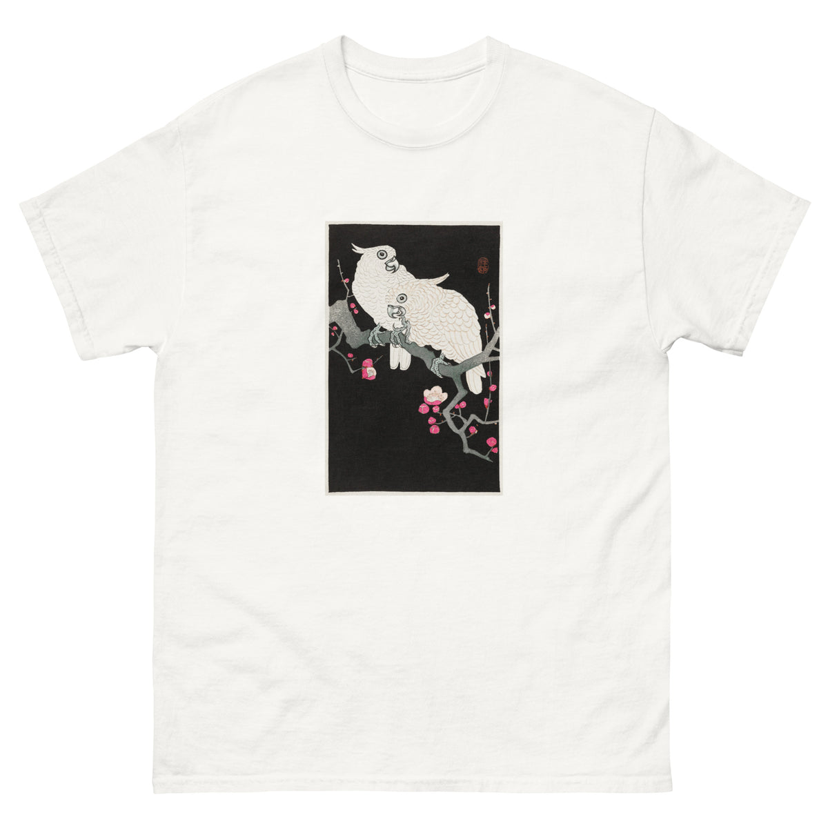 White T-shirt Two Cockatoo And Plum Blossom - Ohara Koson 1925 Essential