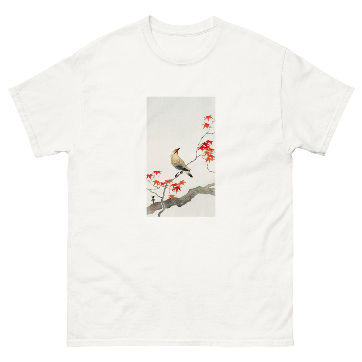 White T-shirt Japanese Plague Bird On Maple - Ohara Koson 1900 Essential