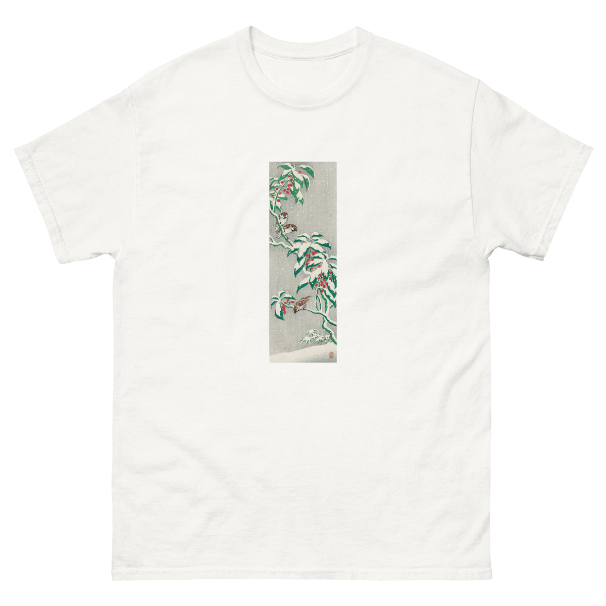 White T-shirt Sparrows On Snowy Berry Bush Essential