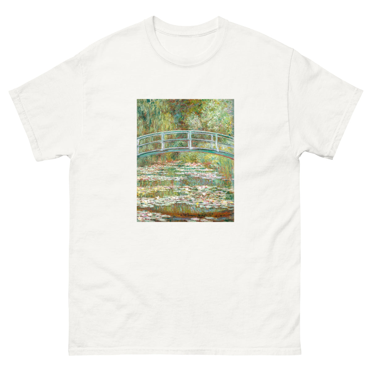 White T-shirt Bridge Over A Pond Of Water Lilies Essential