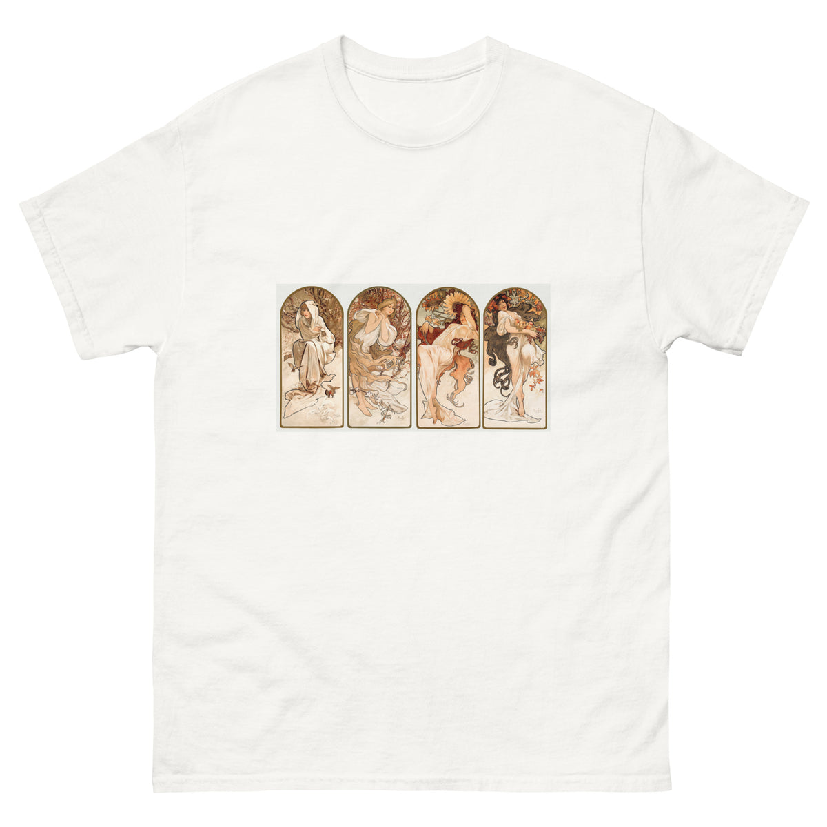 White T-shirt Alphonse Maria Mucha S The Seasons Famous Art Nouveau Artwork Essential