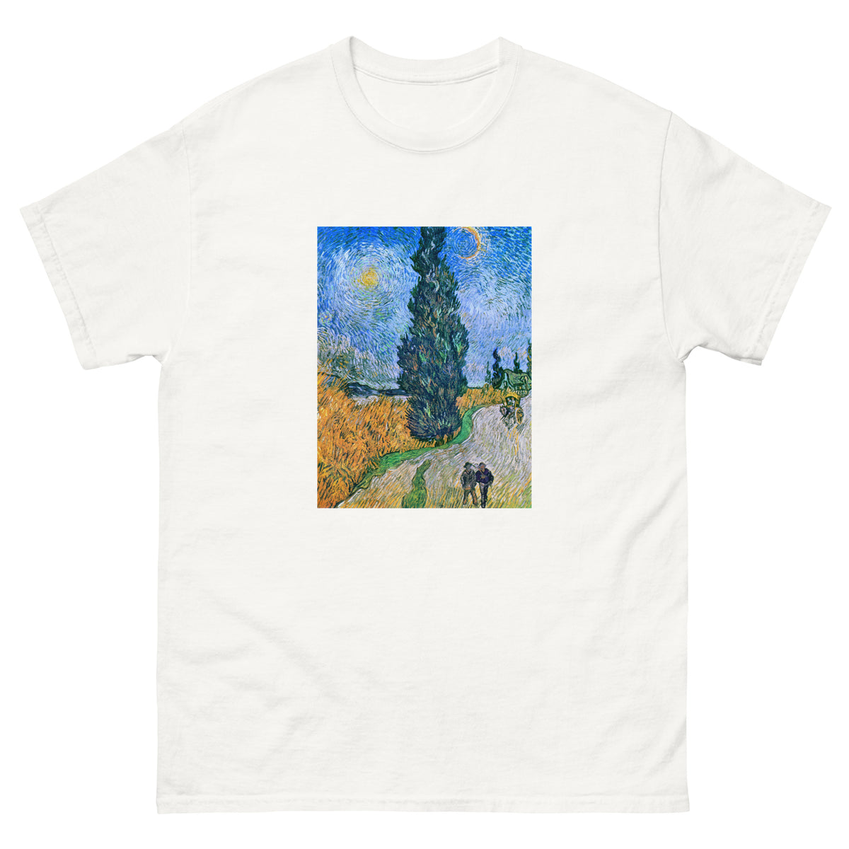 White T-shirt Vincent Van Gogh S Road With Cypress And Star Famous Painting Essential