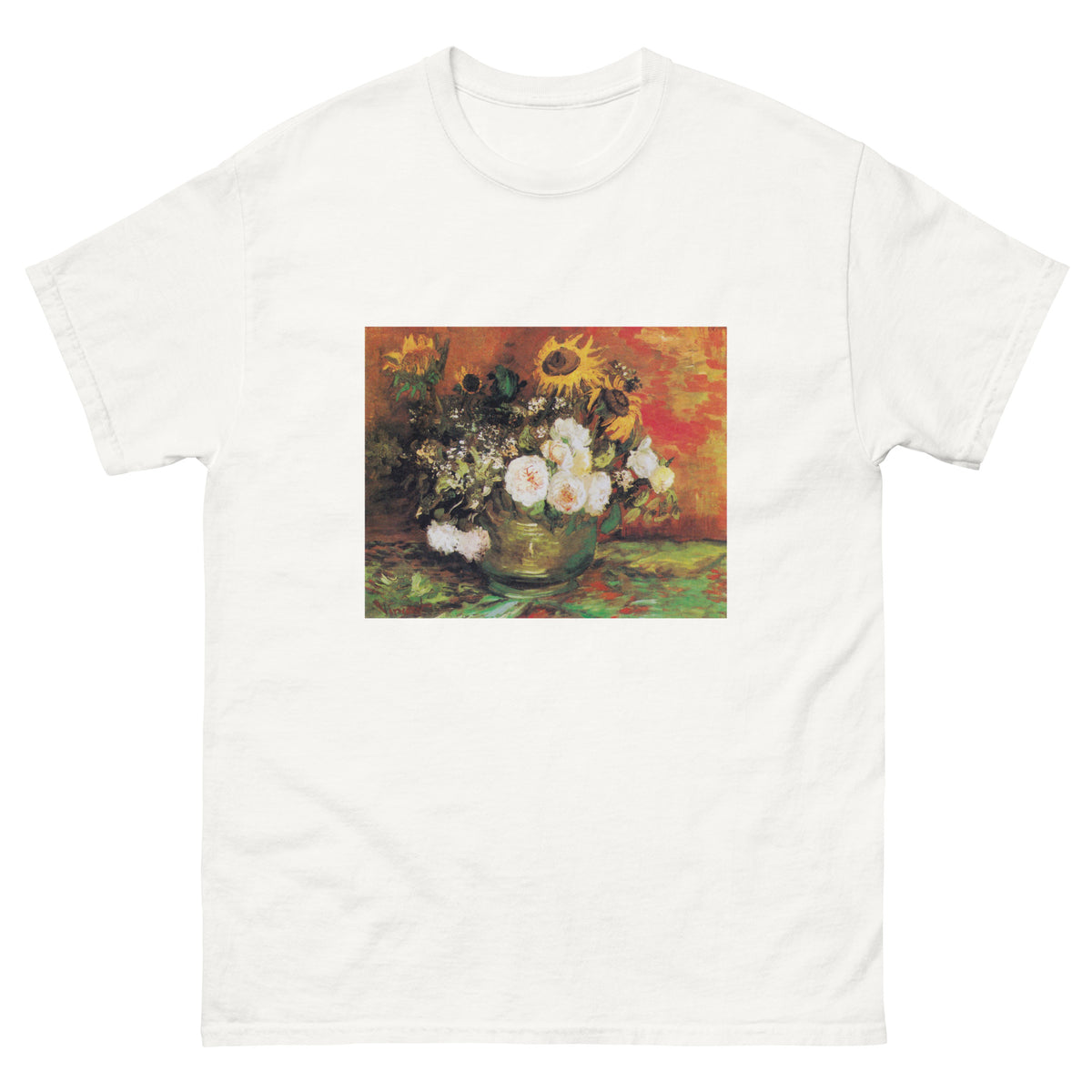 White T-shirt Vincent Van Gogh S Bowl With Sunflowers Roses And Other Flowers Famous Painting Essential