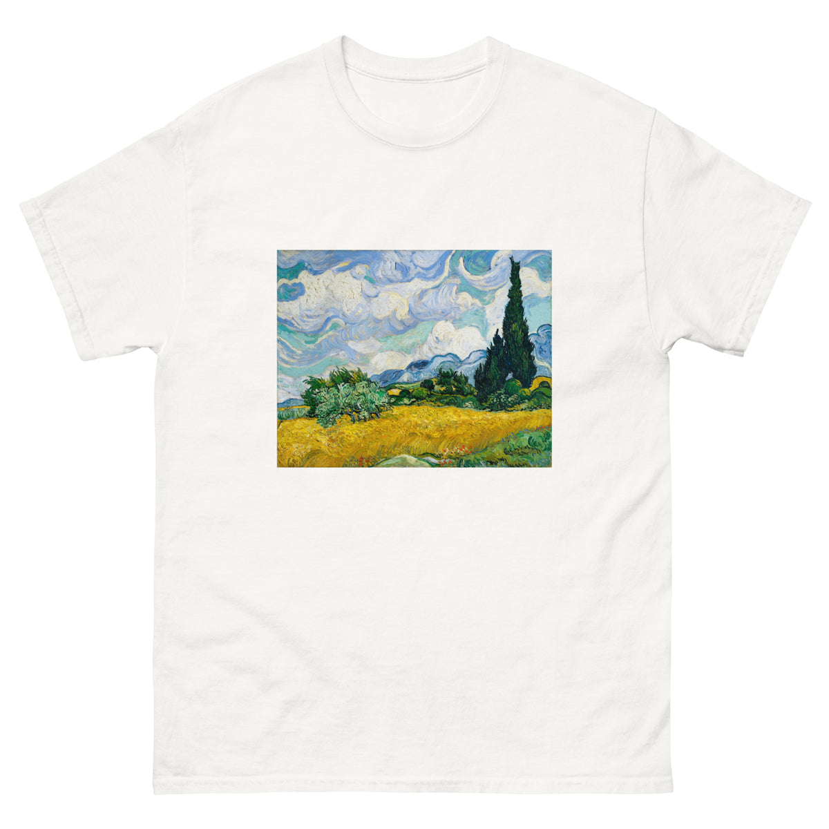 White T-shirt Vincent Van Gogh S Wheat Field With Cypresses Famous Painting Essential