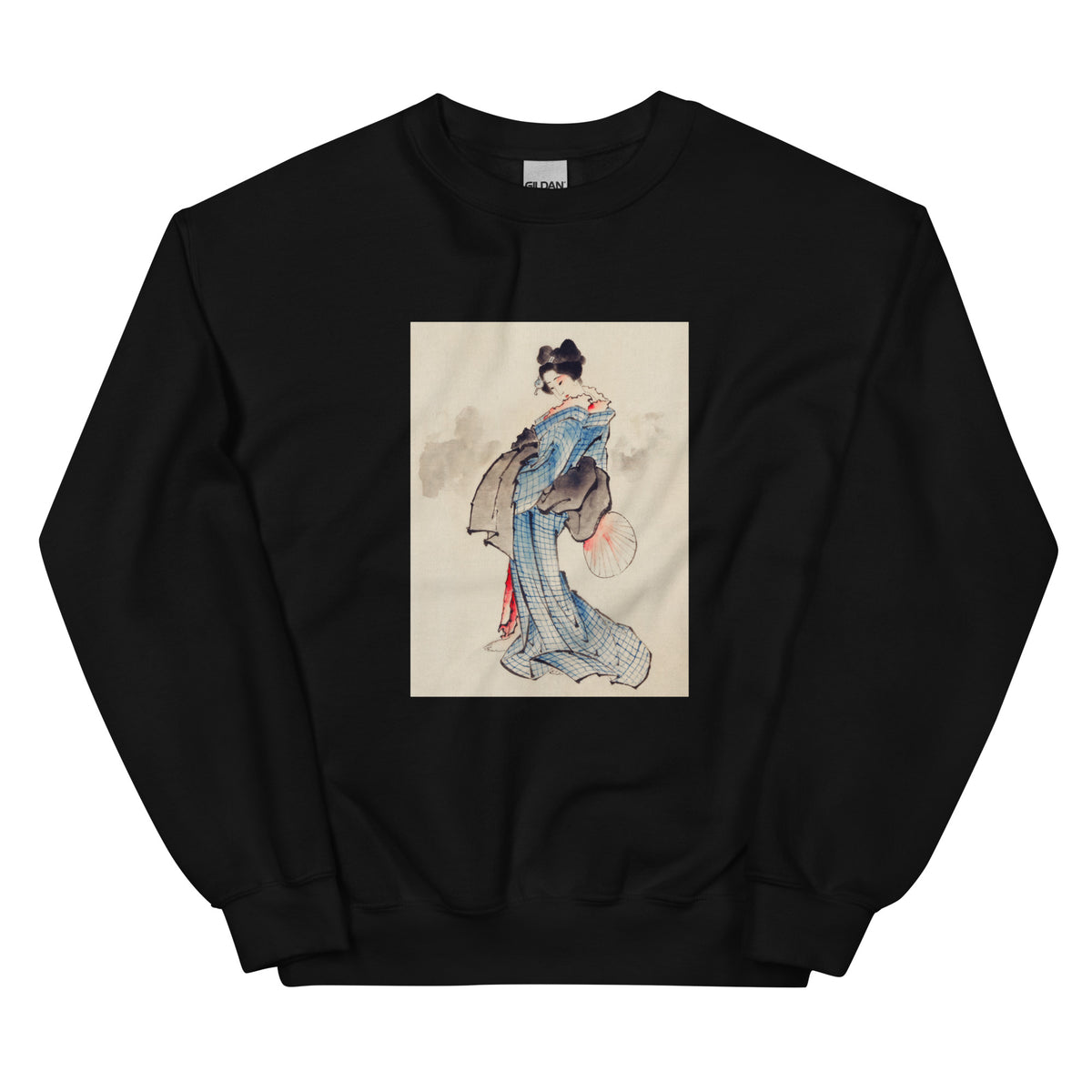 Black Sweater Woman Full-Length Portrait Standing Facing Left Holding Fan In Right Hand Wearing Kimono With Check Design - Katsushika Hokusai 1760 Essential