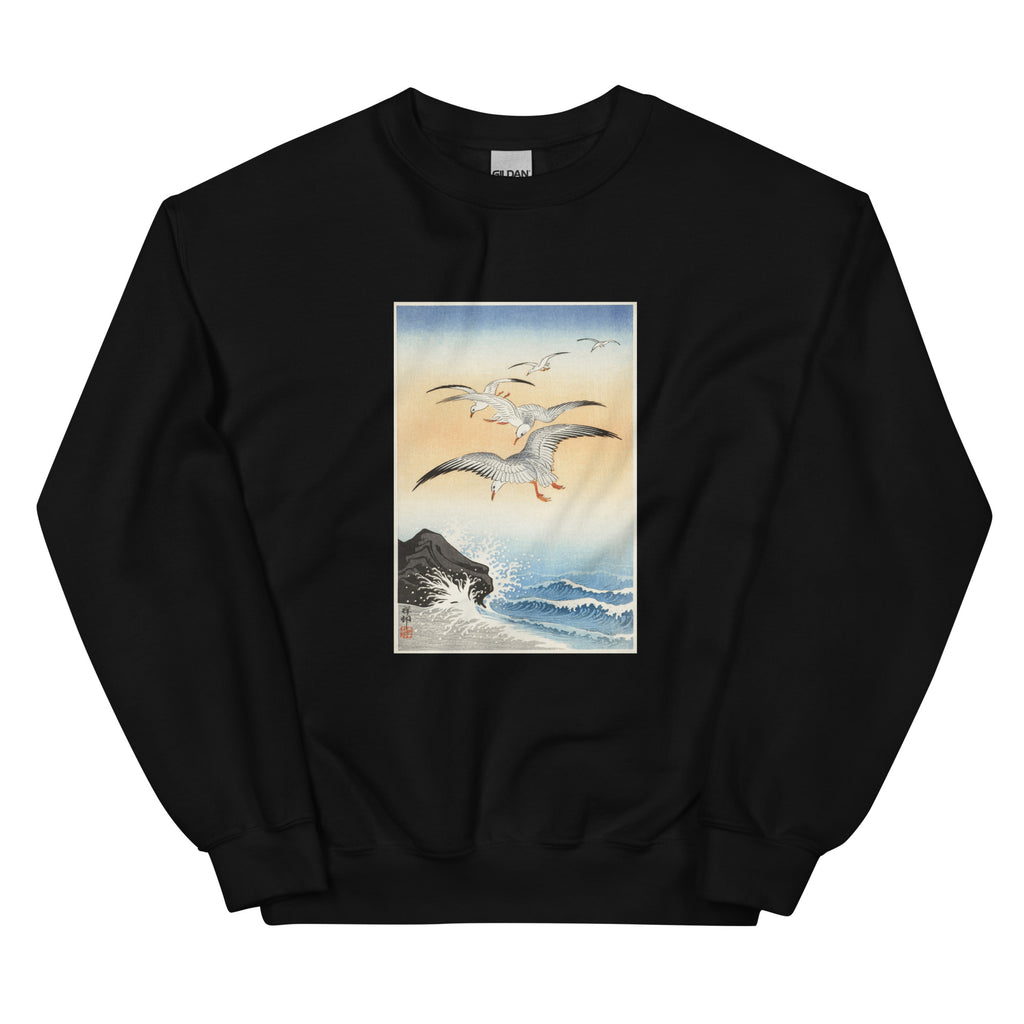 Black Sweater Five Seagulls Above Turbulent Sea - Ohara Koson 1900 Essential