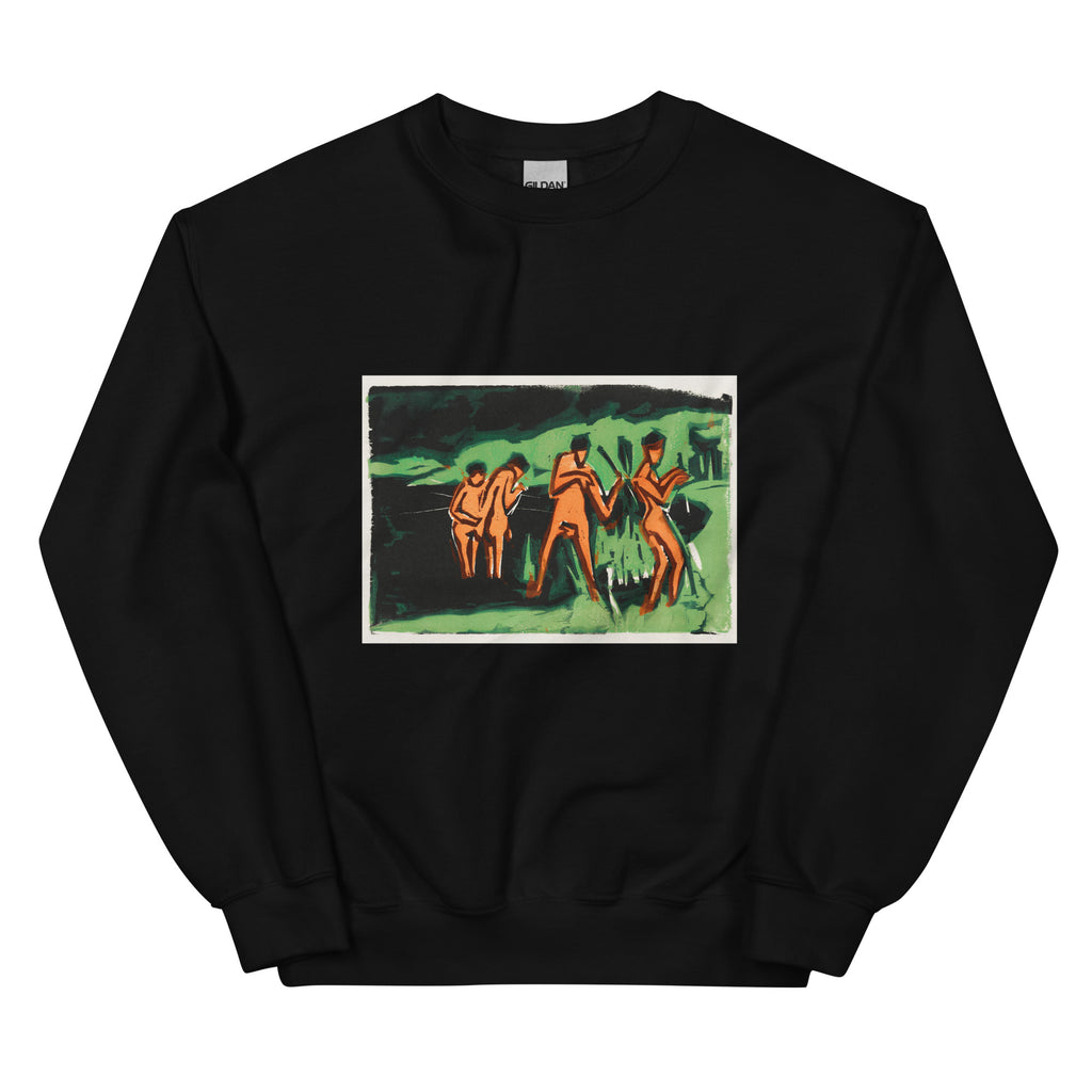 Black Sweater Bathers Throwing Reeds Print Essential