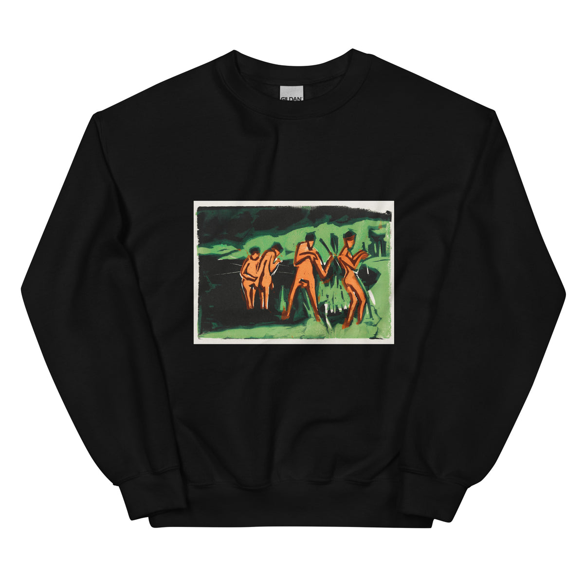 Black Sweater Bathers Throwing Reeds Print Essential