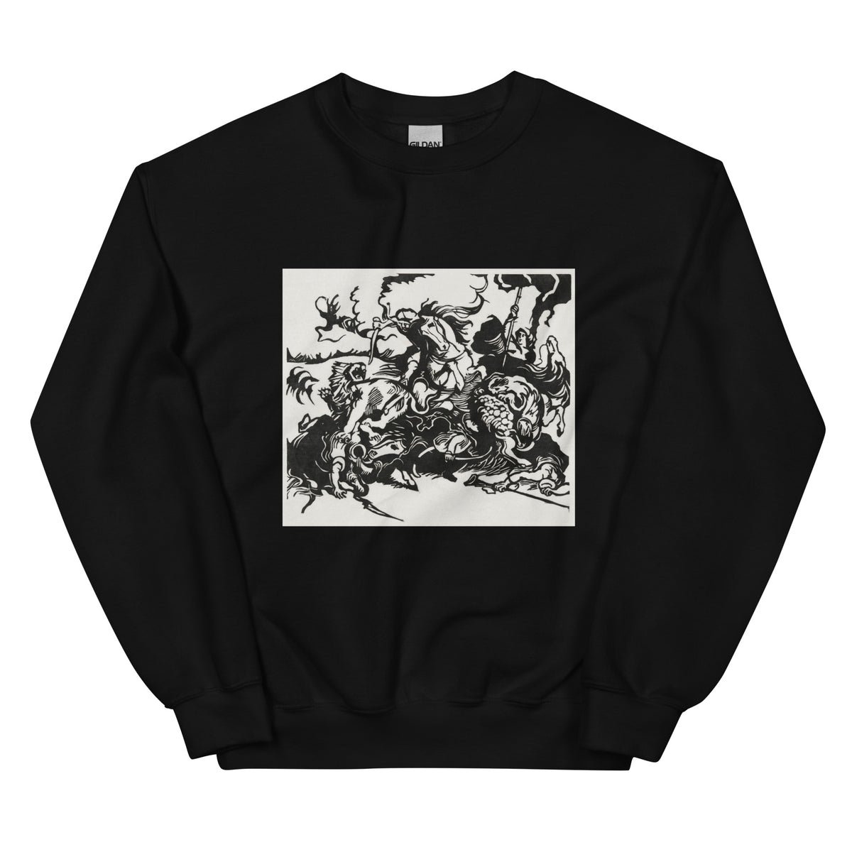 Black Sweater Lion Hunt Print Essential