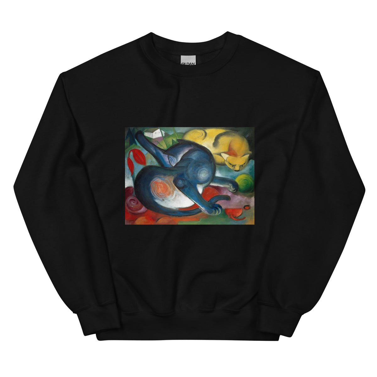 Black Sweater Two Cats Blue And Yellow Essential