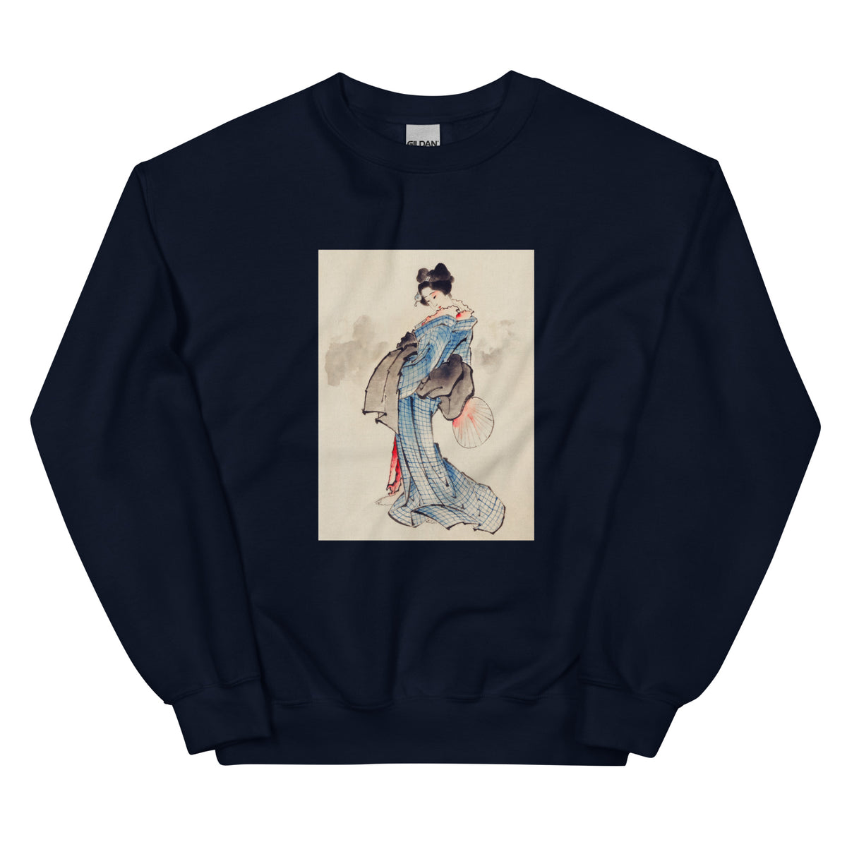 Navy Sweater Woman Full-Length Portrait Standing Facing Left Holding Fan In Right Hand Wearing Kimono With Check Design - Katsushika Hokusai 1760 Essential