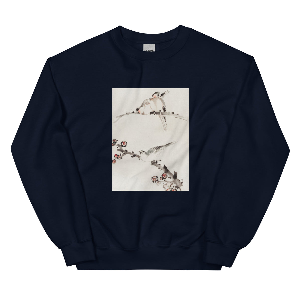 Navy Sweater Three Birds Perched On Branches One With Blossoms - Katsushika Hokusai Published Between 1830 And 1850 An Illustration Of Three Birds Perched On Branches One With Blossoms Essential