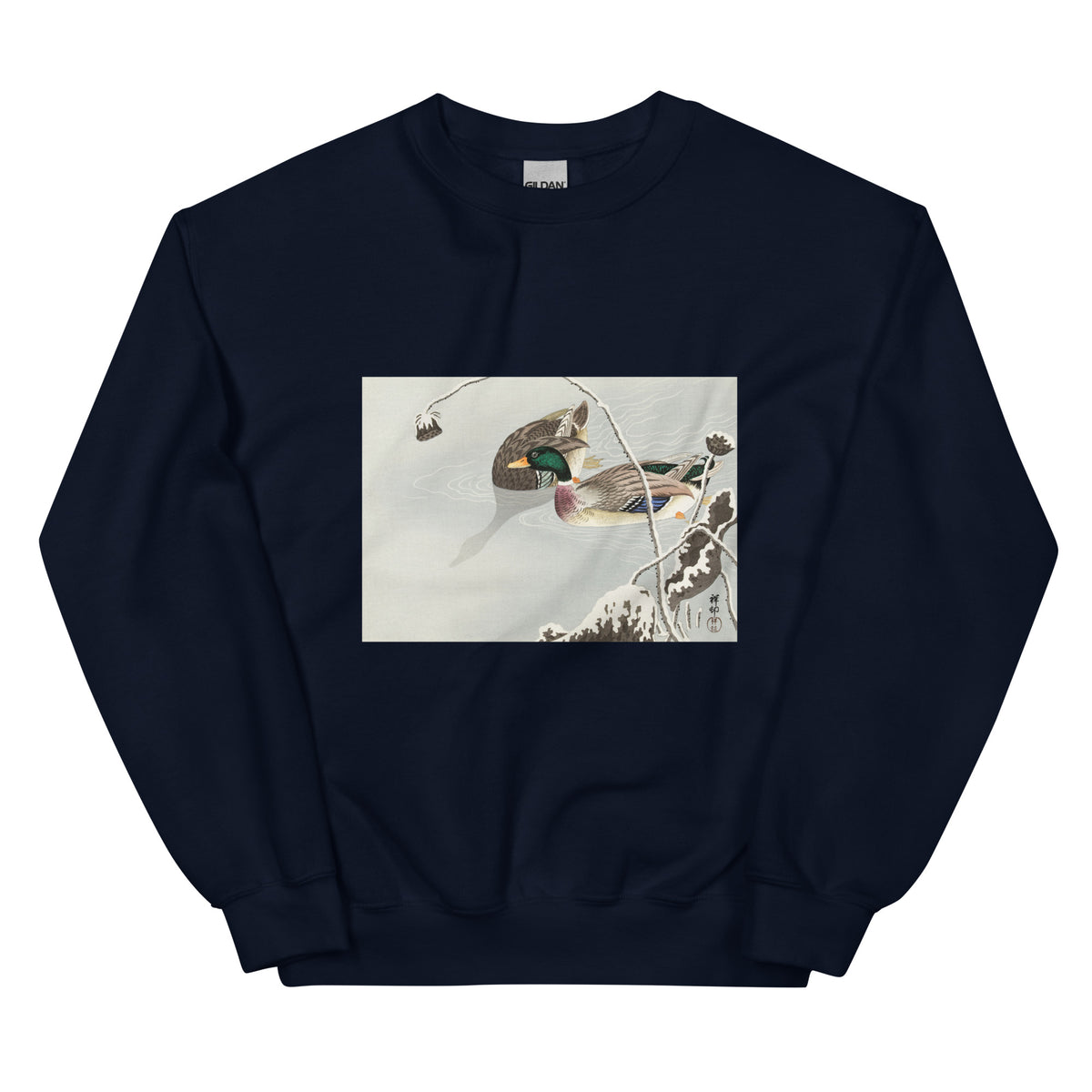 Navy Sweater Two Mallards Near A Snow-Covered Lotus - Ohara Koson 1925 Essential