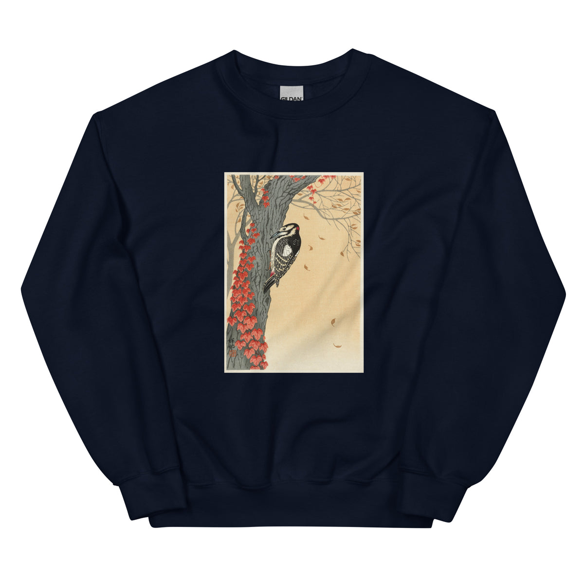 Navy Sweater Great Spotted Woodpecker In Tree With Red Ivy - Ohara Koson 1925 Essential