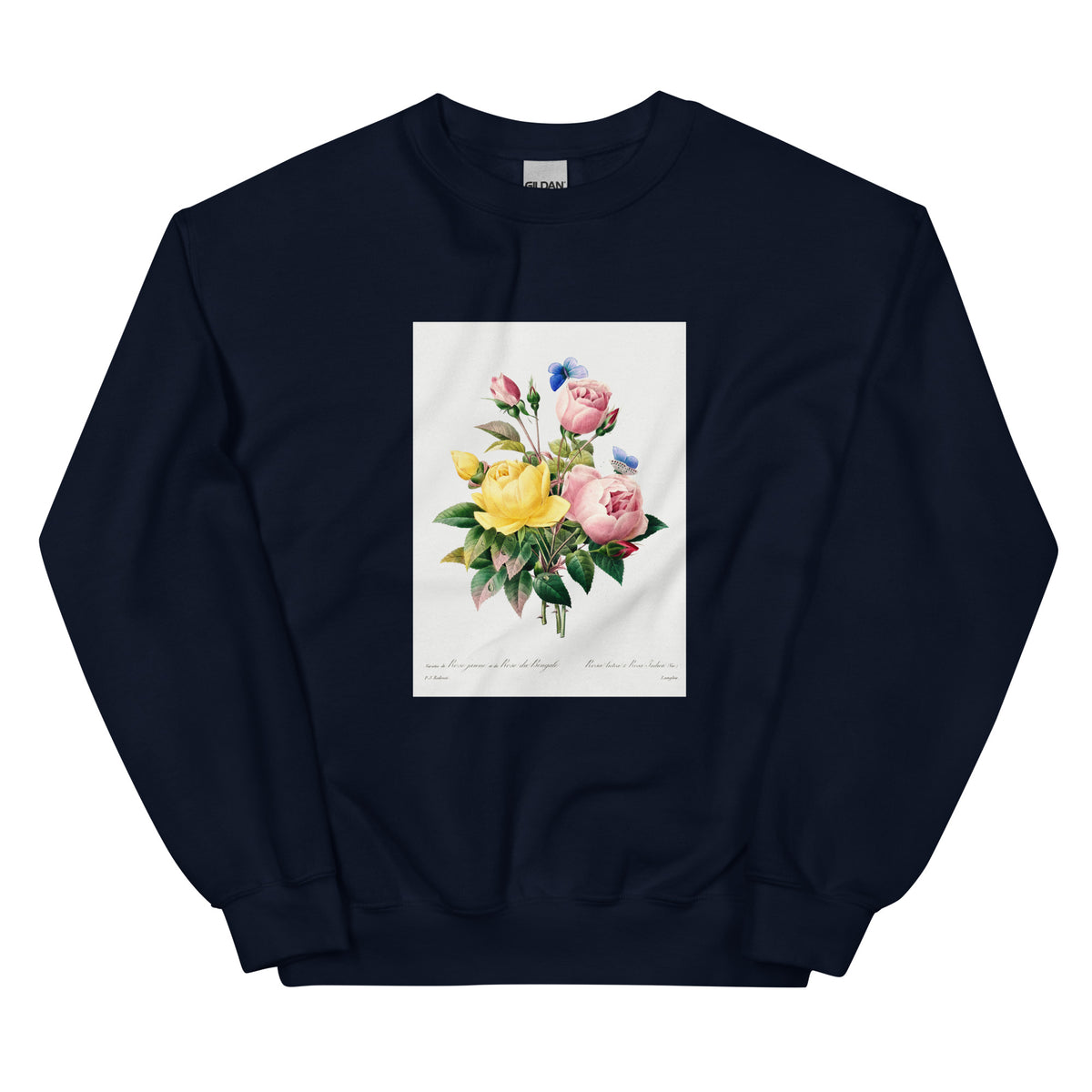 Navy Sweater Yellow Rose And Cabbage Rose - Pierre-Joseph Redoute 1759 Essential