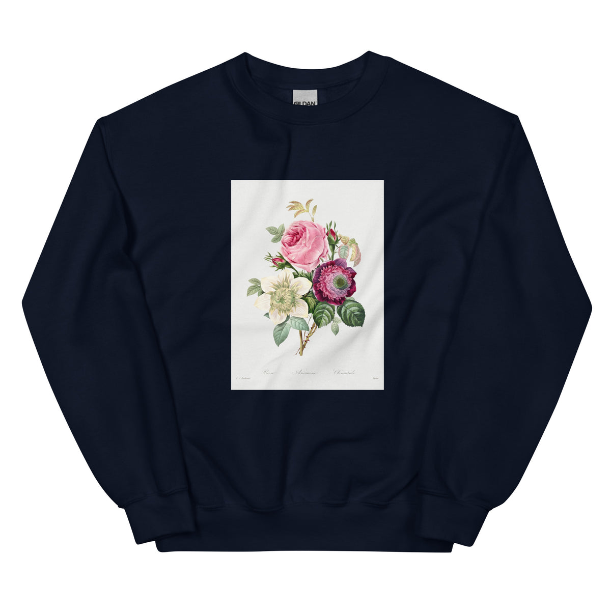 Navy Sweater Anemone And Cabbage Rose - Pierre-Joseph Redoute 1759 Essential