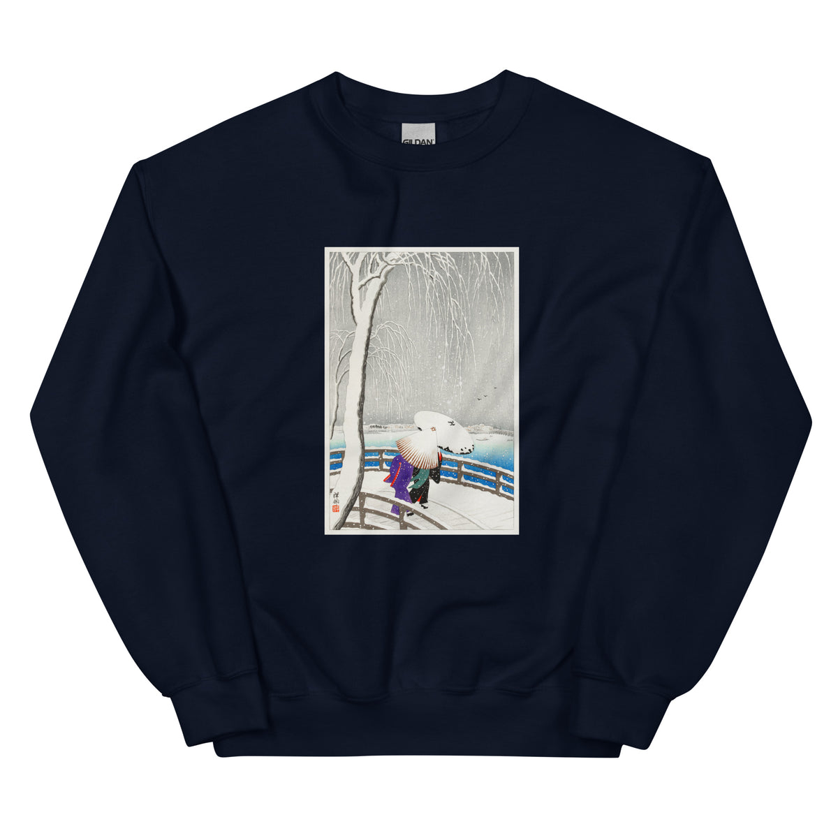 Navy Sweater Two Women In The Snow On Yanagi Bridge - Ohara Koson 1927 Essential