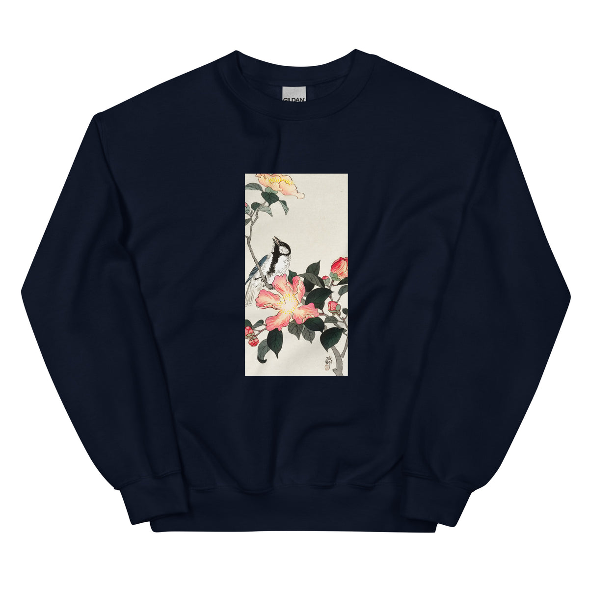 Navy Sweater Great Tit On Branch With Pink Flowers - Ohara Koson 1900 Essential