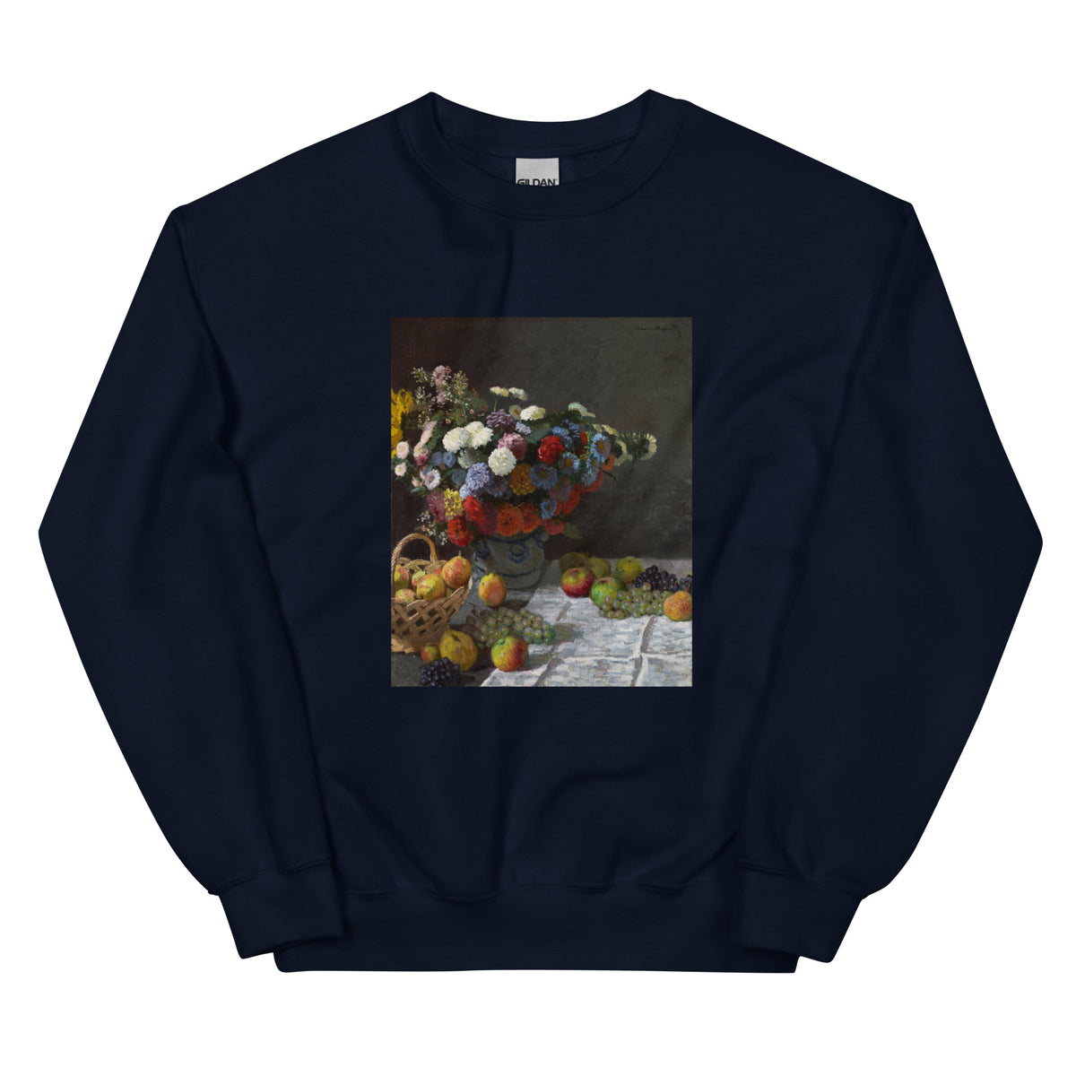 Navy Sweater Still Life With Flowers And Fruit Essential
