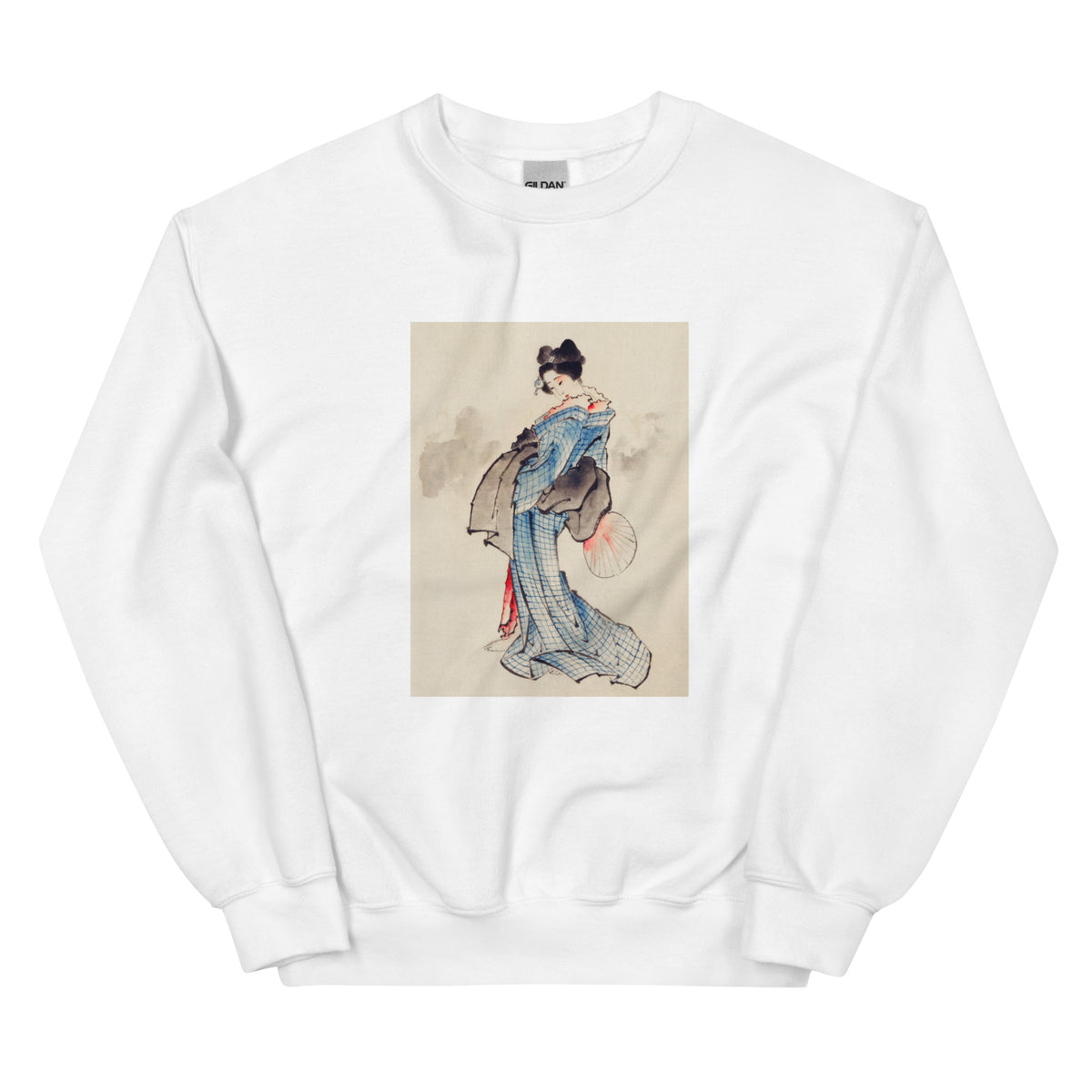 White Sweater Woman Full-Length Portrait Standing Facing Left Holding Fan In Right Hand Wearing Kimono With Check Design - Katsushika Hokusai 1760 Essential