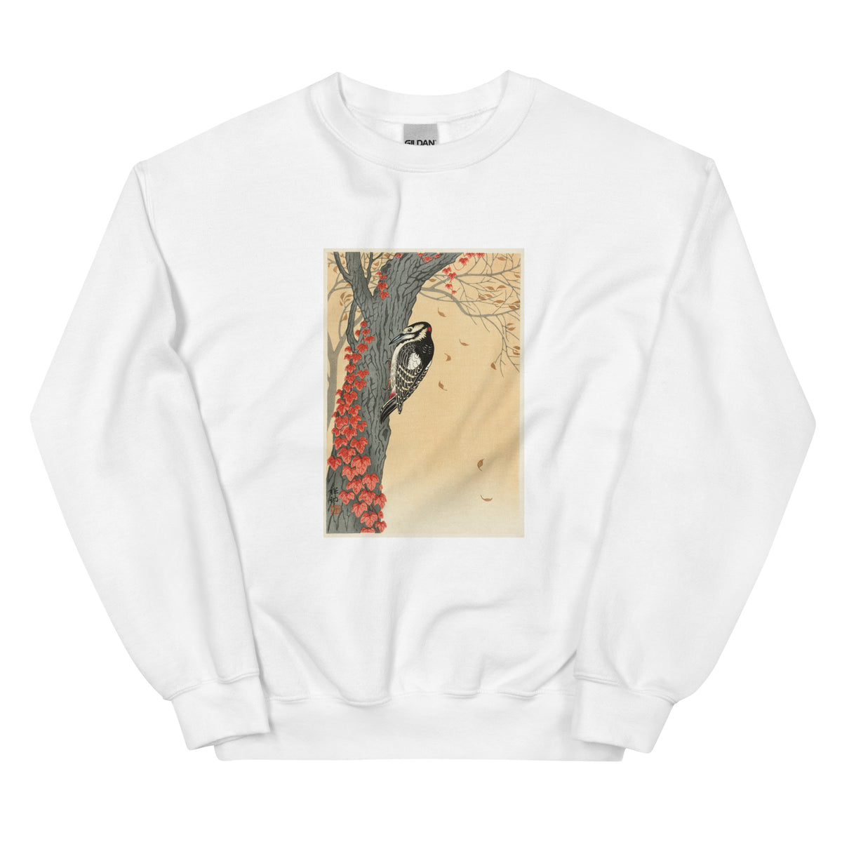 White Sweater Great Spotted Woodpecker In Tree With Red Ivy - Ohara Koson 1925 Essential