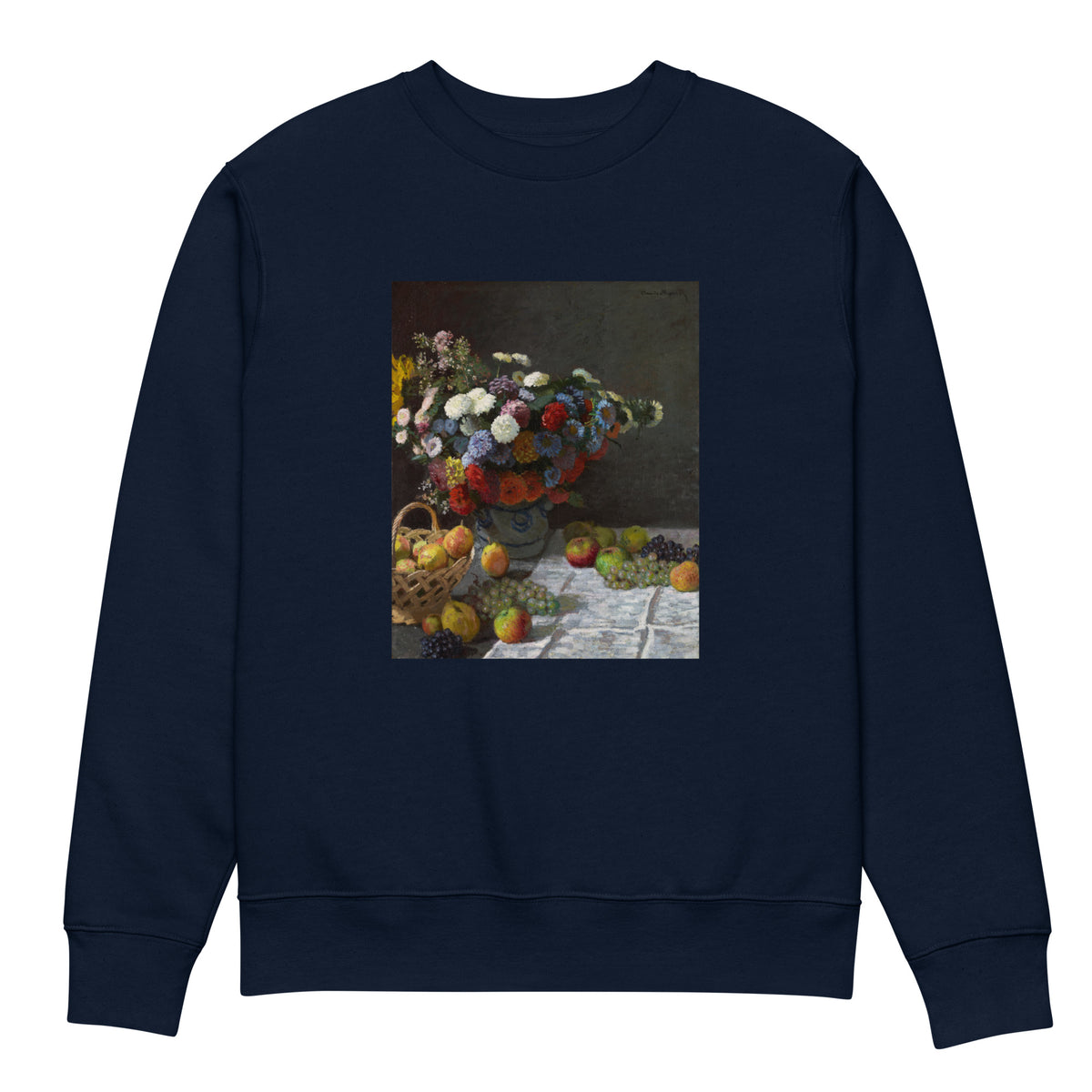 Navy Sweater Still Life With Flowers And Fruit Premium