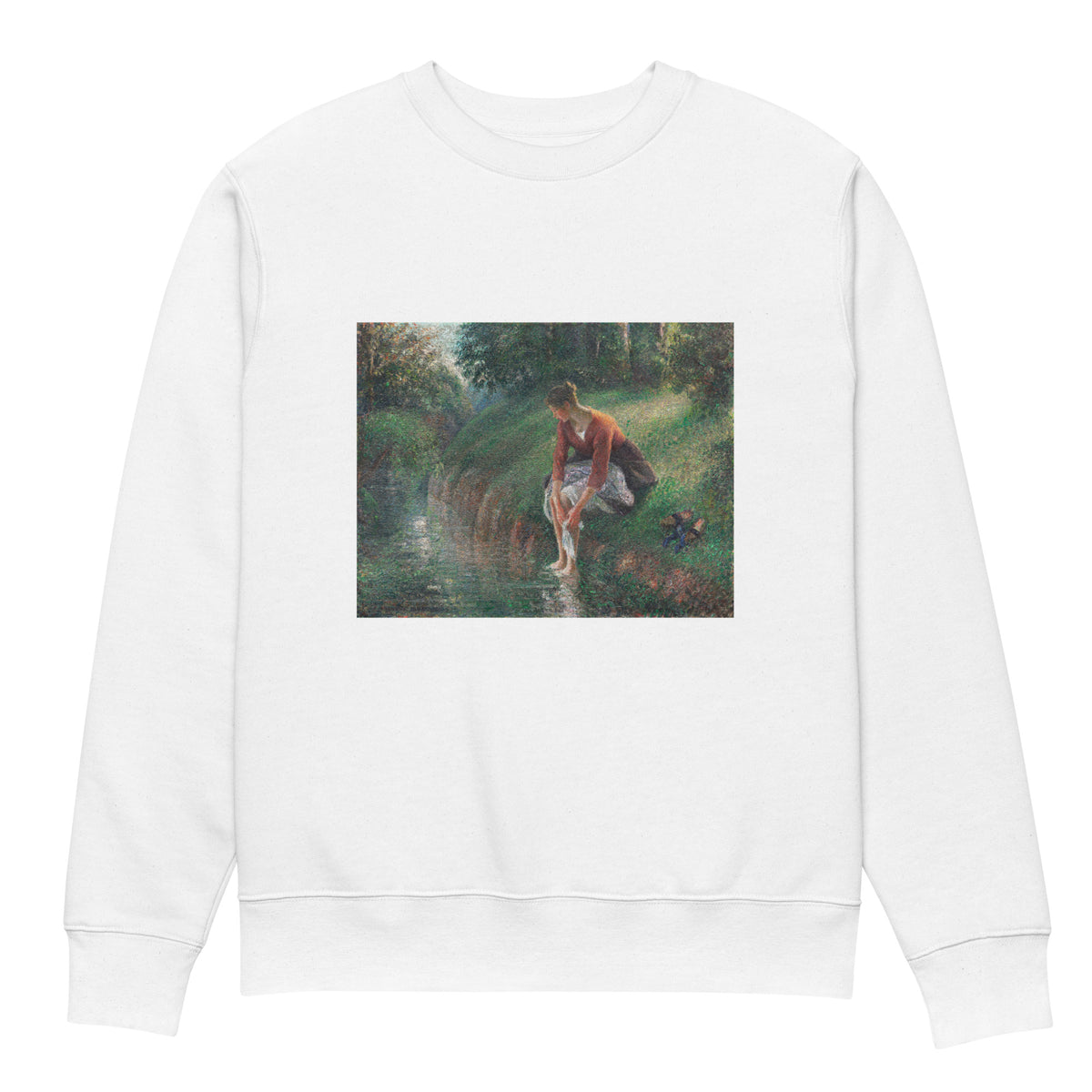 White Sweater Woman Bathing Her Feet In A Brook Premium