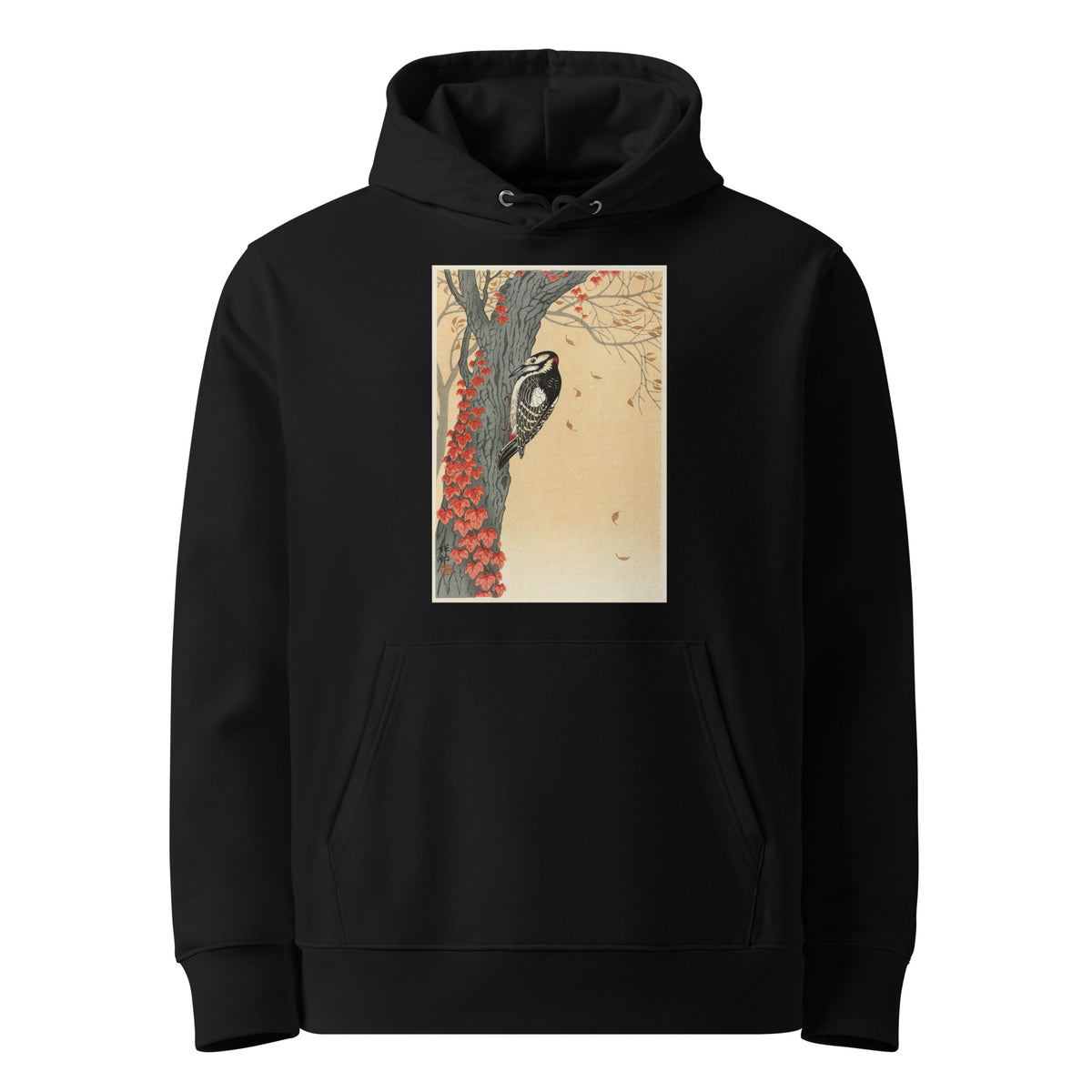 Black Hoodie Great Spotted Woodpecker In Tree With Red Ivy - Ohara Koson 1925 Premium