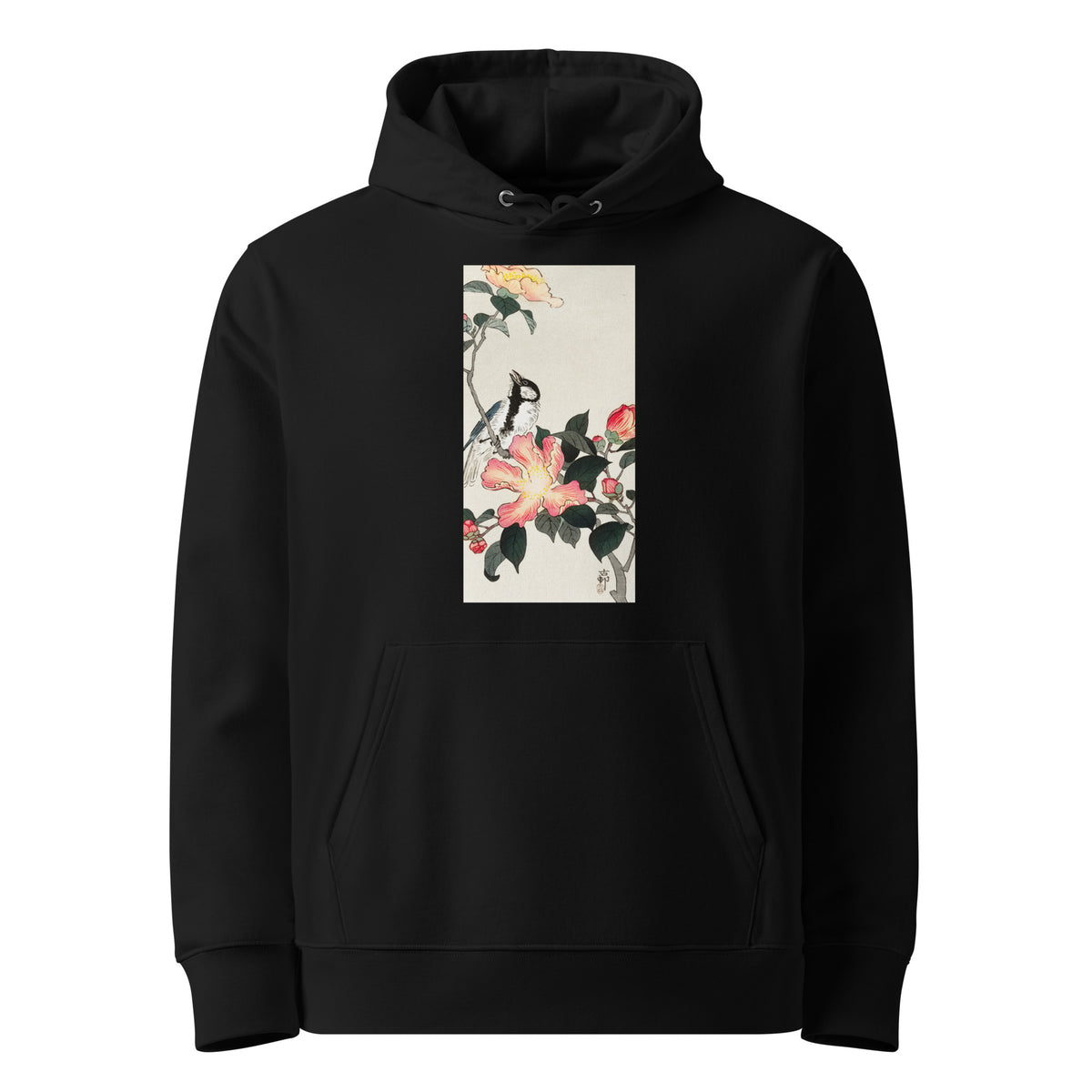 Black Hoodie Great Tit On Branch With Pink Flowers - Ohara Koson 1900 Premium