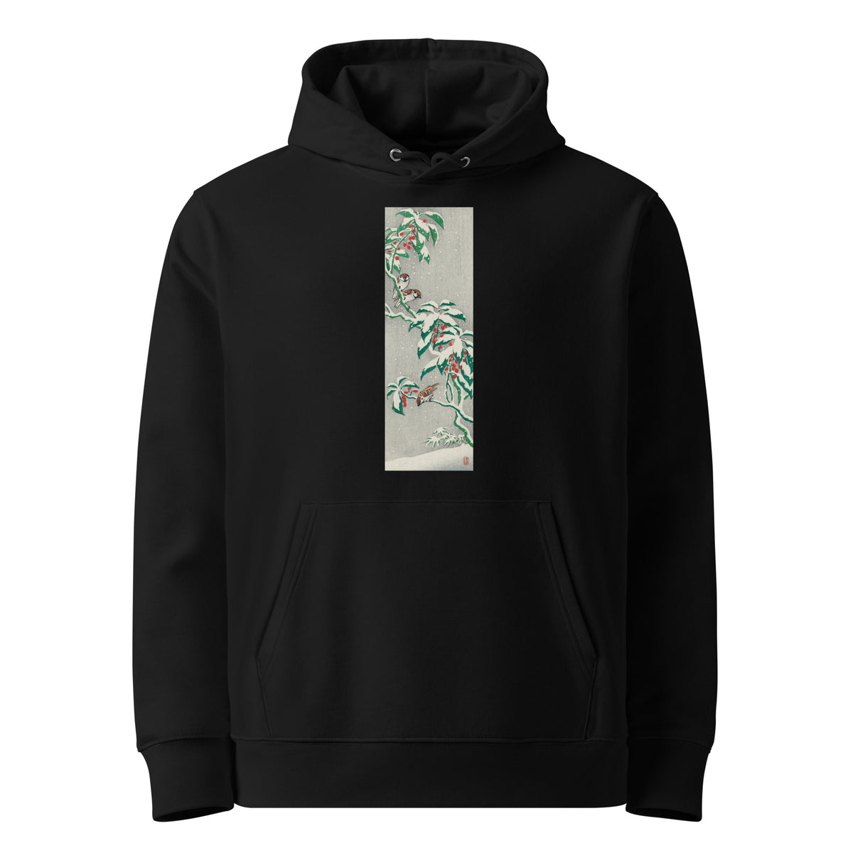 Black Hoodie Sparrows On Snowy Berry Bush Premium