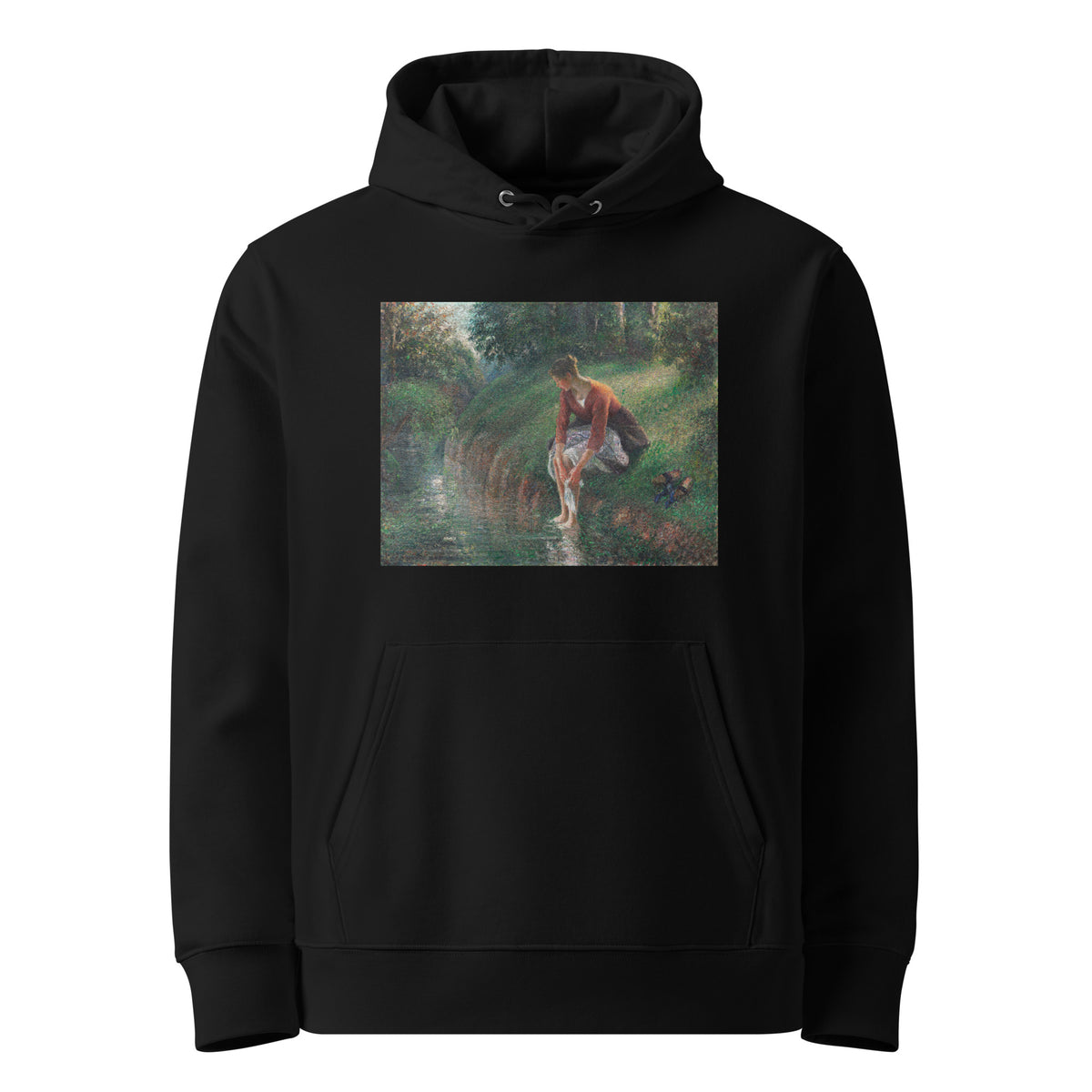 Black Hoodie Woman Bathing Her Feet In A Brook Premium