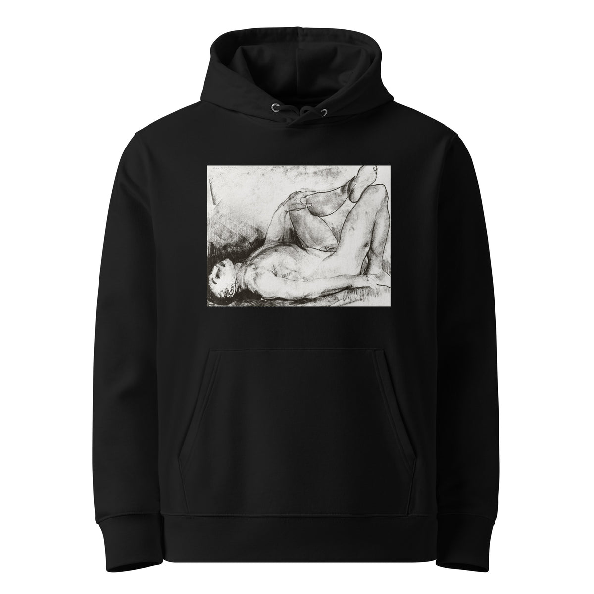 Black Hoodie Man On His Back Nude Print Premium