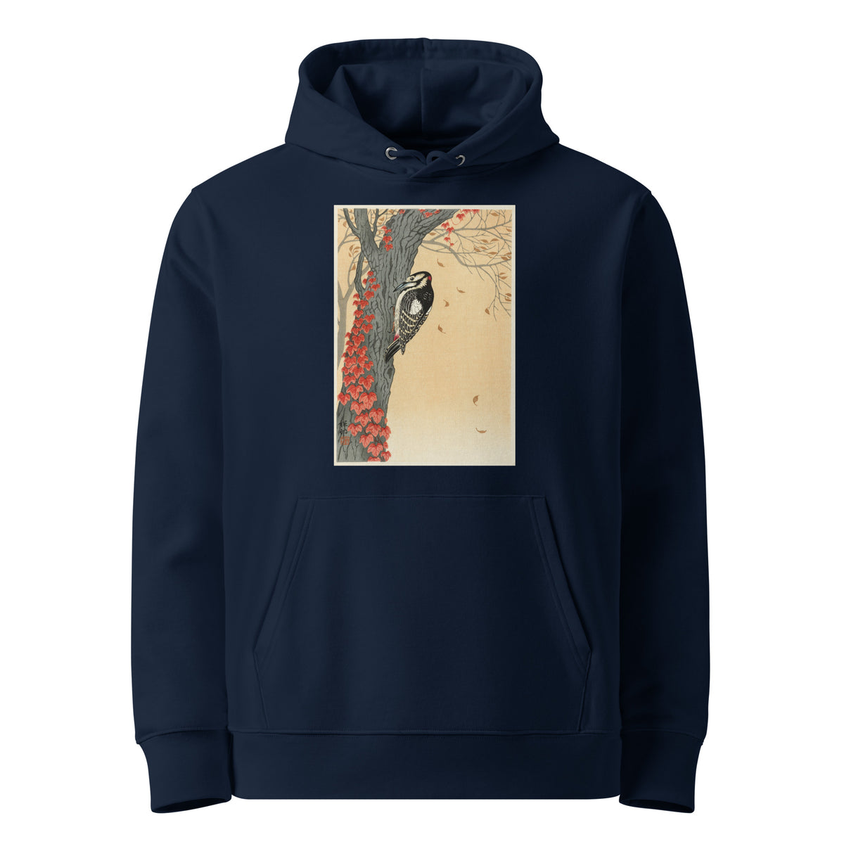 Navy Hoodie Great Spotted Woodpecker In Tree With Red Ivy - Ohara Koson 1925 Premium