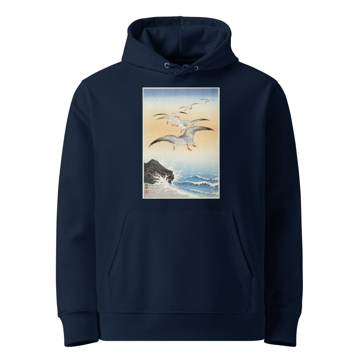 Navy Hoodie Five Seagulls Above Turbulent Sea - Ohara Koson 1900 Premium