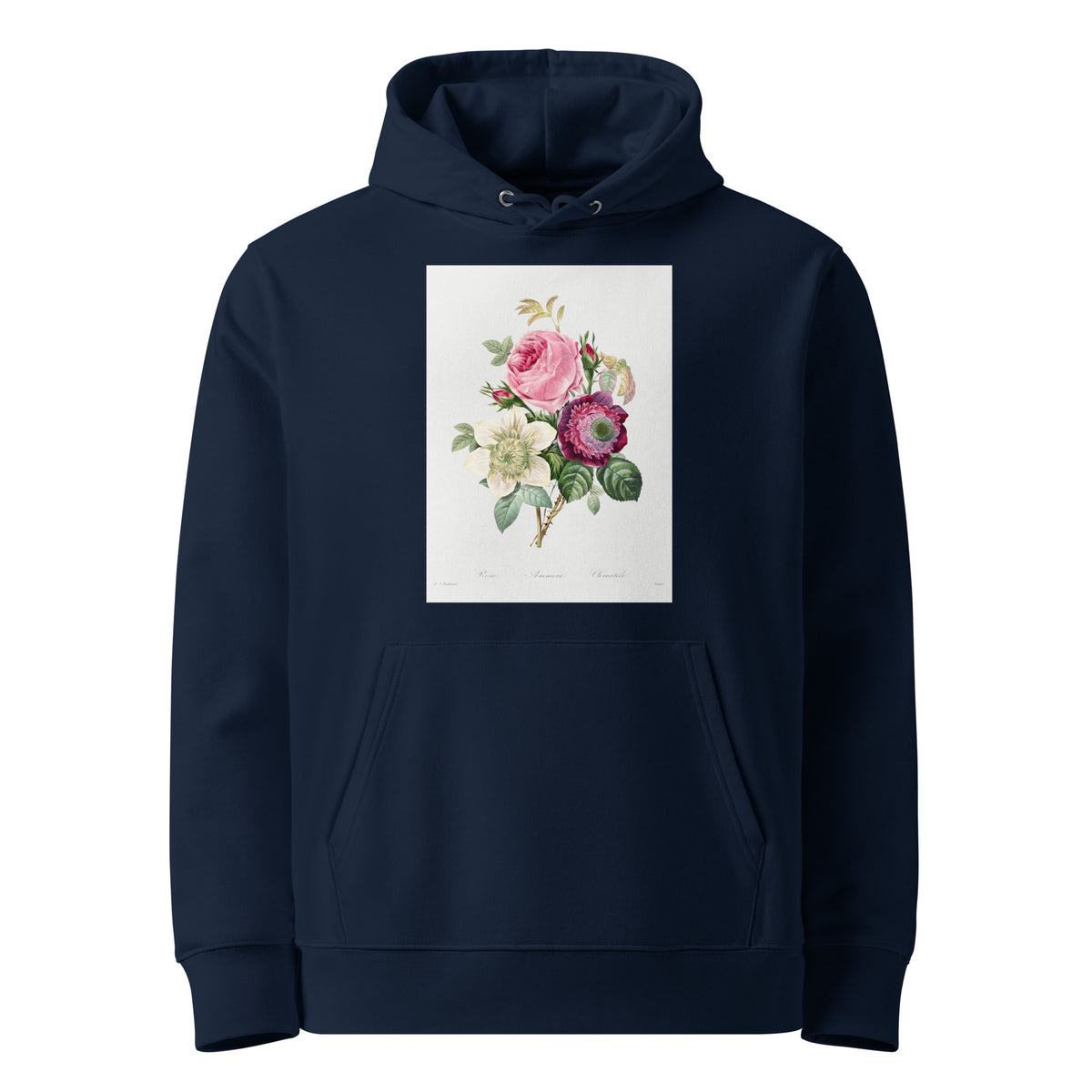 Navy Hoodie Anemone And Cabbage Rose - Pierre-Joseph Redoute 1759 Premium