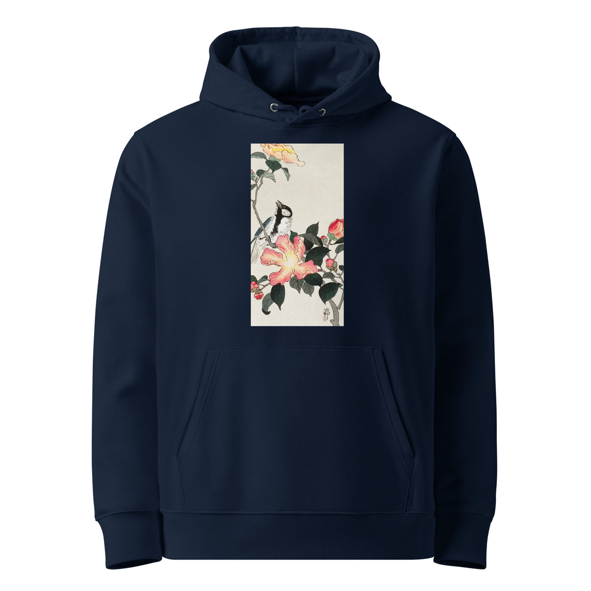 Navy Hoodie Great Tit On Branch With Pink Flowers - Ohara Koson 1900 Premium
