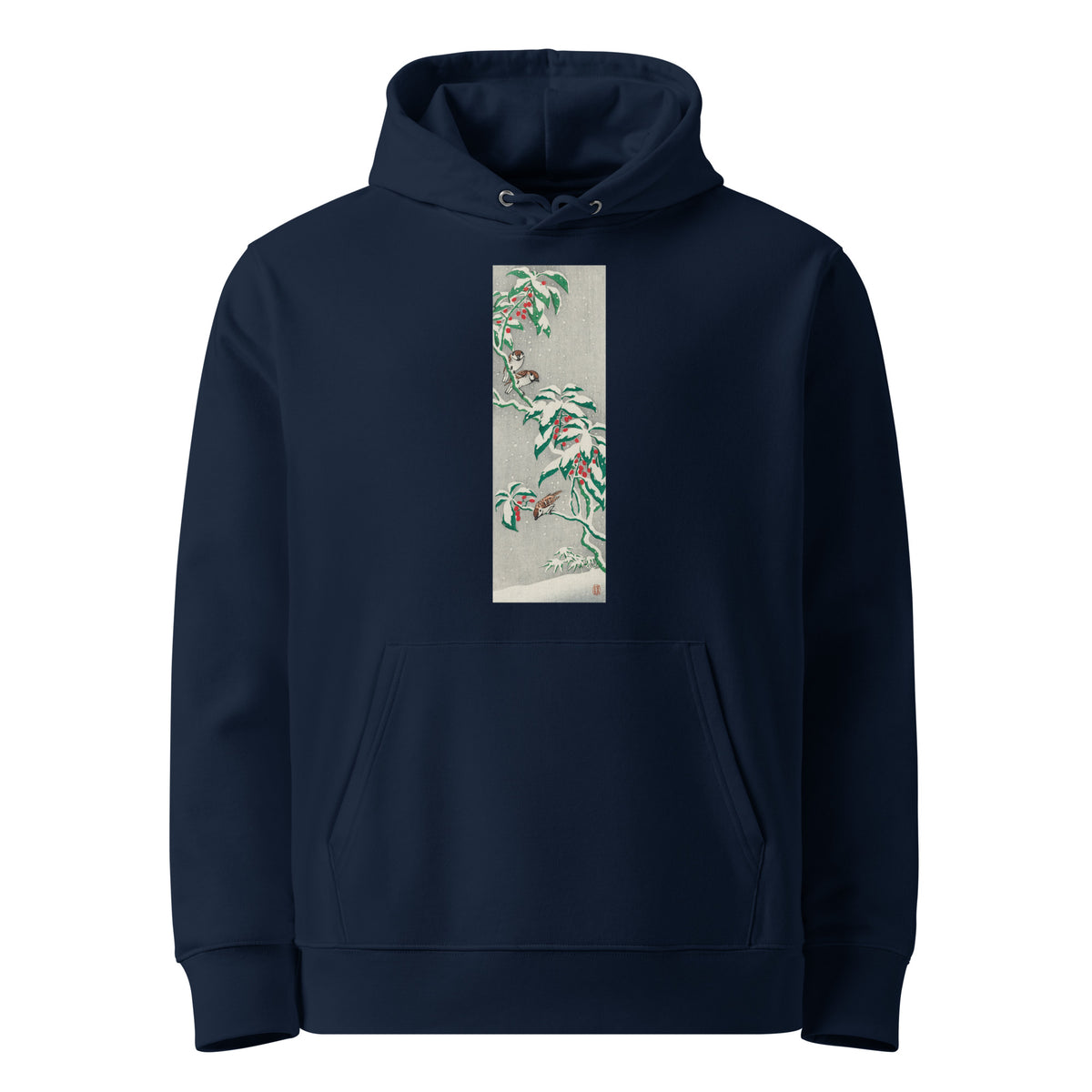 Navy Hoodie Sparrows On Snowy Berry Bush Premium