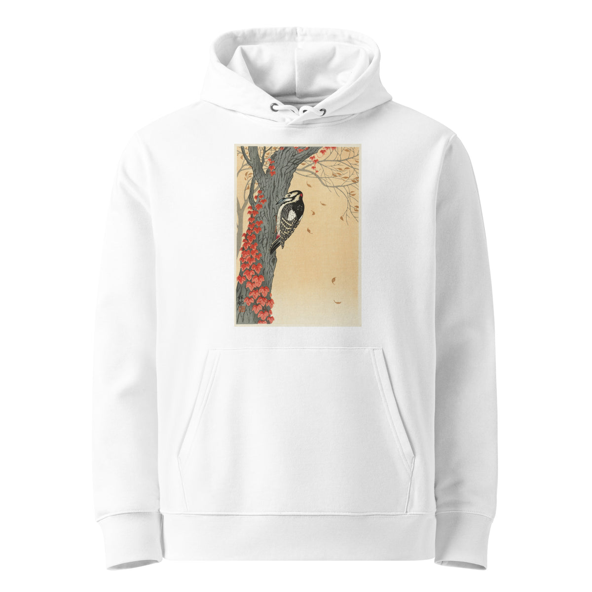 White Hoodie Great Spotted Woodpecker In Tree With Red Ivy - Ohara Koson 1925 Premium