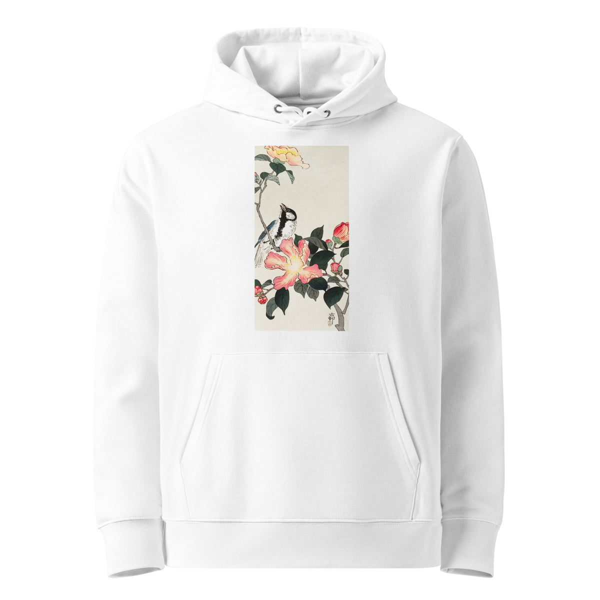 White Hoodie Great Tit On Branch With Pink Flowers - Ohara Koson 1900 Premium