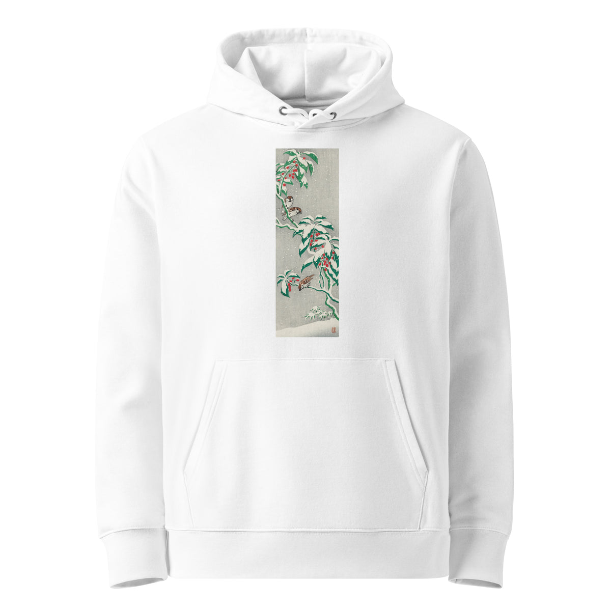 White Hoodie Sparrows On Snowy Berry Bush Premium