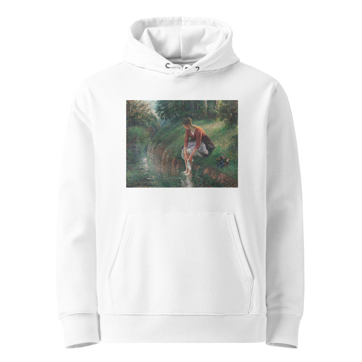 White Hoodie Woman Bathing Her Feet In A Brook Premium