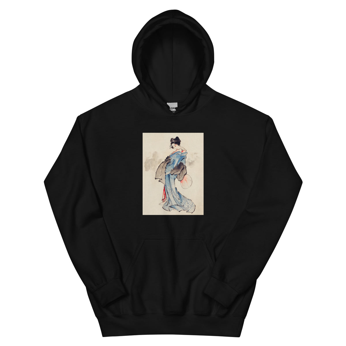 Black Hoodie Woman Full-Length Portrait Standing Facing Left Holding Fan In Right Hand Wearing Kimono With Check Design - Katsushika Hokusai 1760 Essential